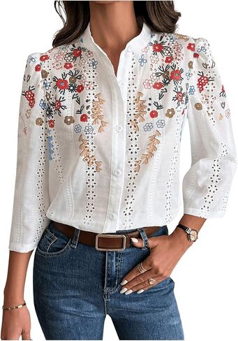 SHENHE Women's Floral Print Eyelet Shirts 3/4 Sleeve Button Down Dressy Blouse Tops in Saudi Arabia