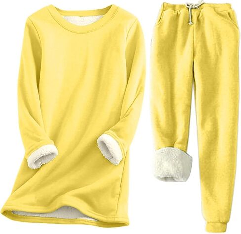 WWPPAION Fleece Pajamas Women Set Casual Sherpa Lined Fuzzy Pajama Soft Fall Winter Outfits Warm Cozy Thermal Lounge Set in Saudi Arabia