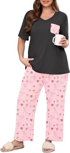 طقم بيجامات نسائي من AusLook Plus مكون من قطعتين طقم صالة بأكمام قصيرة وبنطلون بطول كامل ملابس نوم ناعمة مطبوعة من Pjs in Kuwait