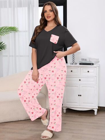 طقم بيجامات نسائي من AusLook Plus مكون من قطعتين طقم صالة بأكمام قصيرة وبنطلون بطول كامل ملابس نوم ناعمة مطبوعة من Pjs in Kuwait