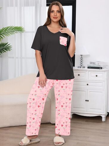 طقم بيجامات نسائي من AusLook Plus مكون من قطعتين طقم صالة بأكمام قصيرة وبنطلون بطول كامل ملابس نوم ناعمة مطبوعة من Pjs in Kuwait
