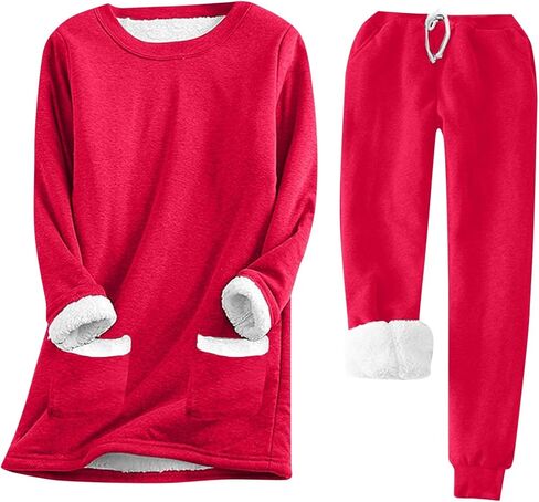 WWPPAION Fleece Pajamas Women Set Casual Sherpa Lined Fuzzy Pajama Soft Fall Winter Outfits Warm Cozy Thermal Lounge Set in Saudi Arabia