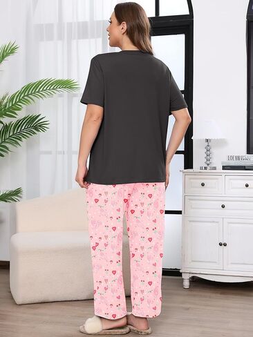 طقم بيجامات نسائي من AusLook Plus مكون من قطعتين طقم صالة بأكمام قصيرة وبنطلون بطول كامل ملابس نوم ناعمة مطبوعة من Pjs in Kuwait