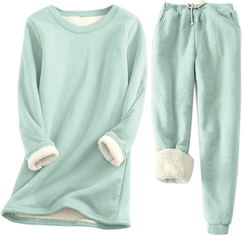 WWPPAION Fleece Pajamas Women Set Casual Sherpa Lined Fuzzy Pajama Soft Fall Winter Outfits Warm Cozy Thermal Lounge Set in Saudi Arabia