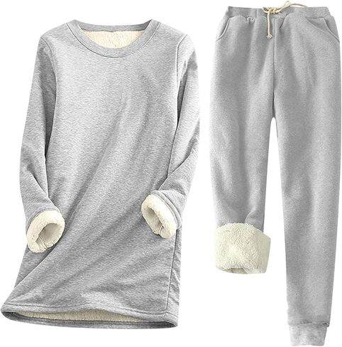 WWPPAION Fleece Pajamas Women Set Casual Sherpa Lined Fuzzy Pajama Soft Fall Winter Outfits Warm Cozy Thermal Lounge Set in Saudi Arabia
