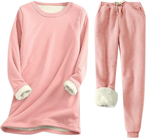 WWPPAION Fleece Pajamas Women Set Casual Sherpa Lined Fuzzy Pajama Soft Fall Winter Outfits Warm Cozy Thermal Lounge Set in Saudi Arabia