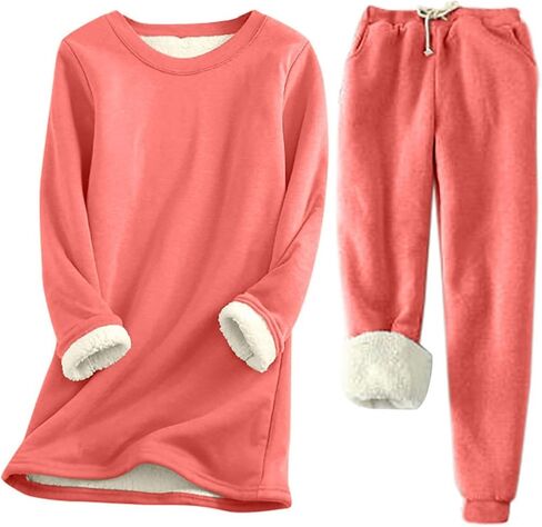 WWPPAION Fleece Pajamas Women Set Casual Sherpa Lined Fuzzy Pajama Soft Fall Winter Outfits Warm Cozy Thermal Lounge Set in Saudi Arabia