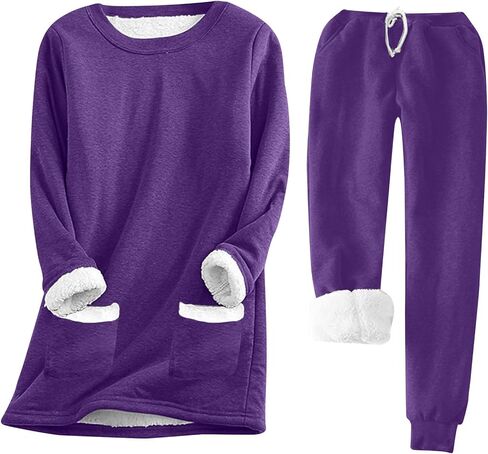 WWPPAION Fleece Pajamas Women Set Casual Sherpa Lined Fuzzy Pajama Soft Fall Winter Outfits Warm Cozy Thermal Lounge Set in Saudi Arabia