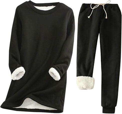 WWPPAION Fleece Pajamas Women Set Casual Sherpa Lined Fuzzy Pajama Soft Fall Winter Outfits Warm Cozy Thermal Lounge Set in Saudi Arabia
