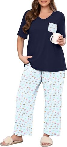 طقم بيجامات نسائي من AusLook Plus مكون من قطعتين طقم صالة بأكمام قصيرة وبنطلون بطول كامل ملابس نوم ناعمة مطبوعة من Pjs in Kuwait