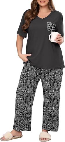 طقم بيجامات نسائي من AusLook Plus مكون من قطعتين طقم صالة بأكمام قصيرة وبنطلون بطول كامل ملابس نوم ناعمة مطبوعة من Pjs in Kuwait