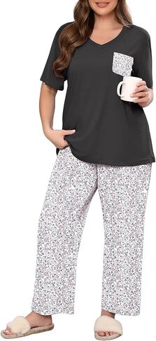 طقم بيجامات نسائي من AusLook Plus مكون من قطعتين طقم صالة بأكمام قصيرة وبنطلون بطول كامل ملابس نوم ناعمة مطبوعة من Pjs in Kuwait