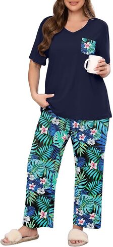 طقم بيجامات نسائي من AusLook Plus مكون من قطعتين طقم صالة بأكمام قصيرة وبنطلون بطول كامل ملابس نوم ناعمة مطبوعة من Pjs in Kuwait