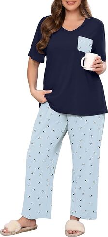 طقم بيجامات نسائي من AusLook Plus مكون من قطعتين طقم صالة بأكمام قصيرة وبنطلون بطول كامل ملابس نوم ناعمة مطبوعة من Pjs in Kuwait