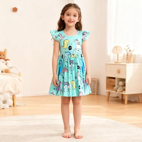 Girls Dinosaur Dress Flutter Short Sleeve Swing Sundress Summer Dress Kids A Line Twirly Dresses Playwear Outfit in Saudi Arabia