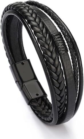 Leather Bracelet for Men Multi-Strand Bracelet Casual Black Braided Bracelet Jewelry Gifts With Clasp in Saudi Arabia