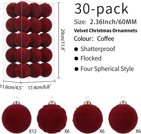 مجموعة زخارف كرة عيد الميلاد المخملية العنابية 30 قطعة من RoseCraft، 60 مم/2.3 بوصة زينة متجمعة مقاومة للكسر لتعليق شجرة عيد الميلاد في عطلة عيد الحب وحفلات عيد الميلاد. in Kuwait