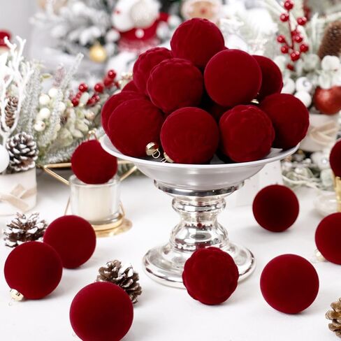 مجموعة زخارف كرة عيد الميلاد المخملية العنابية 30 قطعة من RoseCraft، 60 مم/2.3 بوصة زينة متجمعة مقاومة للكسر لتعليق شجرة عيد الميلاد في عطلة عيد الحب وحفلات عيد الميلاد. in Kuwait