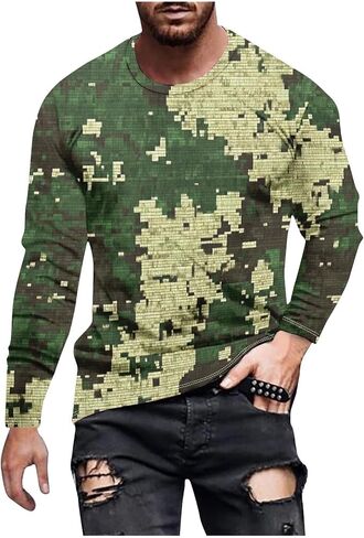 قمصان طويلة الأكمام للرجال طباعة مموهة عادية أنيقة تجريب Crewneck بلوزات قطنية فضفاضة تناسب البلوز تيز in Kuwait