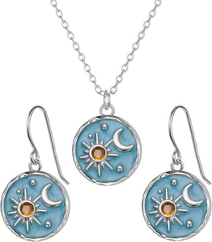 Dreuyet Vintage Sun Moon Earrings and Necklace Set for Women Boho Antiqued Crytal Sun Moon Dangle Drop Earrings Necklace Unique Handmade Retro Round Coin Celestial Jewelry Gifts in Saudi Arabia