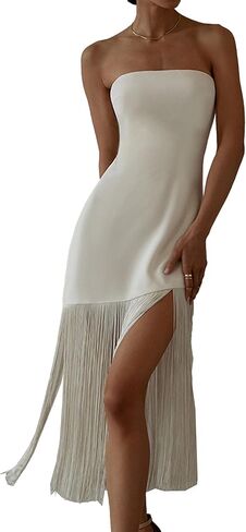 ECDAHICC Women's Elegant Strapless Tassel Tube Dress Off Shoulder Bandeau Thigh Bodycon Fringe Party Cocktail Midi Dress in Saudi Arabia