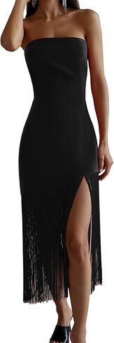 ECDAHICC Women's Elegant Strapless Tassel Tube Dress Off Shoulder Bandeau Thigh Bodycon Fringe Party Cocktail Midi Dress in Saudi Arabia