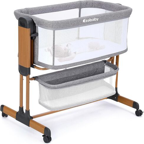 Ezebaby 3-in-1 bassinet bassinet ، هزازات الأطفال السرير بجانب السرير ، سرير محمول قابل للتعديل للرضع الجديد مع سلة تخزين العجلات وجوانب الشبكات (منتصف الرمادي) in Kuwait