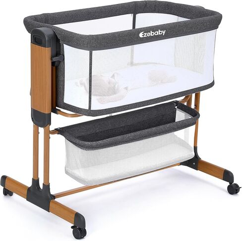 Ezebaby 3-in-1 bassinet bassinet ، هزازات الأطفال السرير بجانب السرير ، سرير محمول قابل للتعديل للرضع الجديد مع سلة تخزين العجلات وجوانب الشبكات (منتصف الرمادي) in Kuwait