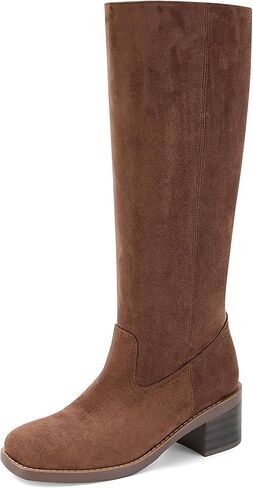 Doeyg Women's Banana Knee High Boots Square Toe كتلة مكتنزة كعب طويل القامة أحذية عجل واسعة العجل مريحة سحب غير رسمي على أحذية طويلة in Kuwait