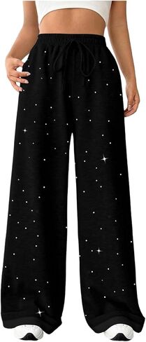 Floerns Women's Sparkly Rhinestone Sweat Pants Elastic Waist Drawstring Straight Wide Leg Trendy Interior Sweatpants in Saudi Arabia