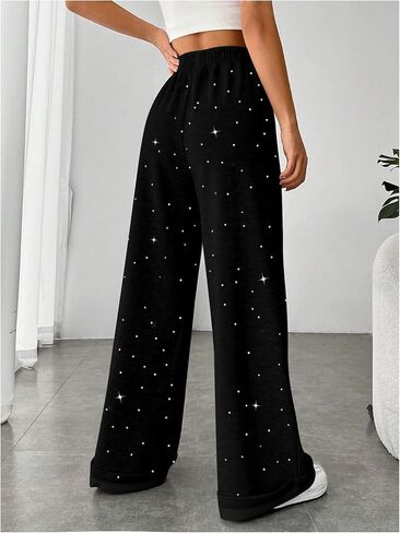 Floerns Women's Sparkly Rhinestone Sweat Pants Elastic Waist Drawstring Straight Wide Leg Trendy Interior Sweatpants in Saudi Arabia