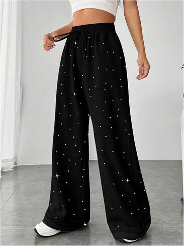 Floerns Women's Sparkly Rhinestone Sweat Pants Elastic Waist Drawstring Straight Wide Leg Trendy Interior Sweatpants in Saudi Arabia