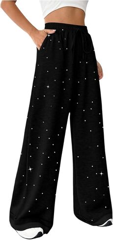 Floerns Women's Sparkly Rhinestone Sweat Pants Elastic Waist Drawstring Straight Wide Leg Trendy Interior Sweatpants in Saudi Arabia