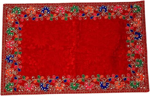 حصيرة زخرفية من قماش Aasan Velvet Pooja المزخرف (الحجم: -25 بوصة × 17 بوصة) لهدايا السنة الجديدة العرقية الهندية التقليدية متعددة الأغراض وديكورات المهرجانات ومقالات عناصر Pooja Laxmi (أصفر) in Kuwait
