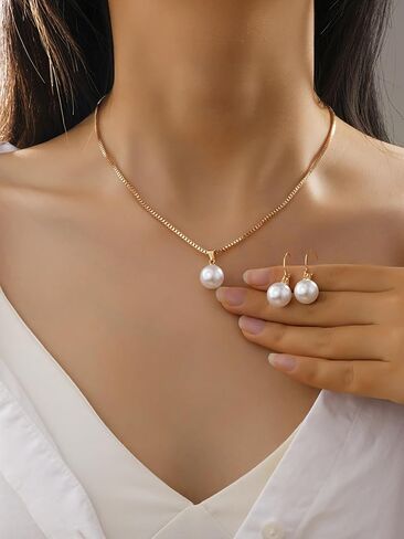 1set Pearl Earrings and Pearl Necklace for Women Gold Trendy Dainty Dangle Earring and Necklace Accessories Set for Party Anniversary Prom Valentine's Day in Saudi Arabia