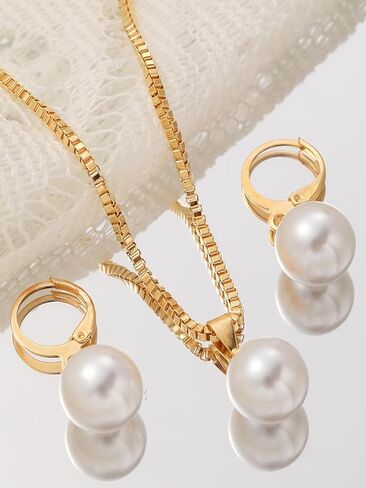 1set Pearl Earrings and Pearl Necklace for Women Gold Trendy Dainty Dangle Earring and Necklace Accessories Set for Party Anniversary Prom Valentine's Day in Saudi Arabia
