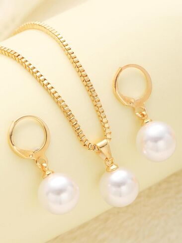 1set Pearl Earrings and Pearl Necklace for Women Gold Trendy Dainty Dangle Earring and Necklace Accessories Set for Party Anniversary Prom Valentine's Day in Saudi Arabia
