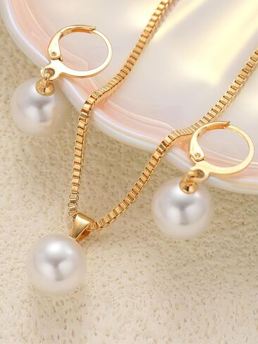 1set Pearl Earrings and Pearl Necklace for Women Gold Trendy Dainty Dangle Earring and Necklace Accessories Set for Party Anniversary Prom Valentine's Day in Saudi Arabia