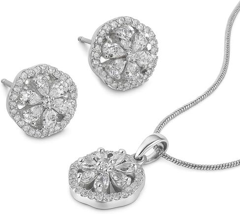 Jewel Harbour Rhodium Plated Brass Floral Pendant Necklace with Matching Stud Earrings – Elegant Anti-Tarnish Jewelry Set for Parties & Weddings in Saudi Arabia
