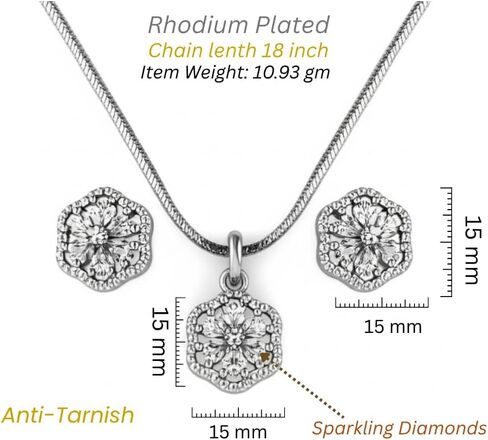 Jewel Harbour Rhodium Plated Brass Floral Pendant Necklace with Matching Stud Earrings – Elegant Anti-Tarnish Jewelry Set for Parties & Weddings in Saudi Arabia