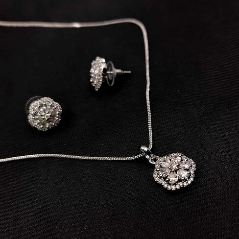 Jewel Harbour Rhodium Plated Brass Floral Pendant Necklace with Matching Stud Earrings – Elegant Anti-Tarnish Jewelry Set for Parties & Weddings in Saudi Arabia