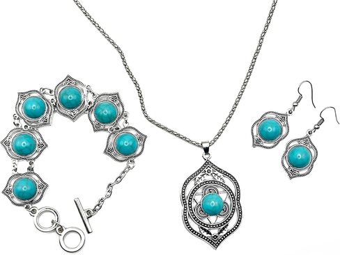 Myrish Boho Retro Turquoise Chunky Jewelry Set – Pendant, Earrings & Bracelet for Women – Handmade Bohemian Statement Accessories in Saudi Arabia