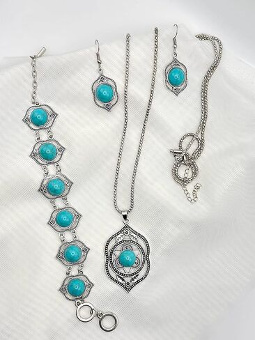 Myrish Boho Retro Turquoise Chunky Jewelry Set – Pendant, Earrings & Bracelet for Women – Handmade Bohemian Statement Accessories in Saudi Arabia