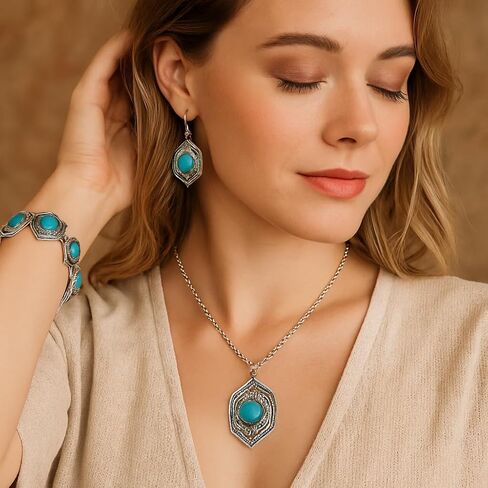 Myrish Boho Retro Turquoise Chunky Jewelry Set – Pendant, Earrings & Bracelet for Women – Handmade Bohemian Statement Accessories in Saudi Arabia