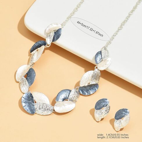 Necklace Sets For Women, Blue And White Leaf Splicing Necklaces And Earrings Enamel Craftsmanship Minimalist Metallic Jewelry Gift in Saudi Arabia
