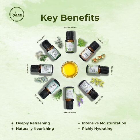 My ACE Pure Aromatherapy Pure Essential Oil Kit for Diffuser for Home, Candle Making Peppermint, Lavender, Eucalyptus, Tea Tree, Rosemary, Camphor, Lemongrass, Orange | 0.33 oz Each Set of 8 in Saudi Arabia