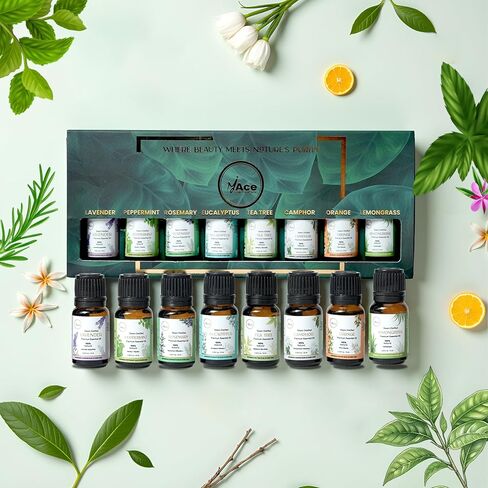 My ACE Pure Aromatherapy Pure Essential Oil Kit for Diffuser for Home, Candle Making Peppermint, Lavender, Eucalyptus, Tea Tree, Rosemary, Camphor, Lemongrass, Orange | 0.33 oz Each Set of 8 in Saudi Arabia