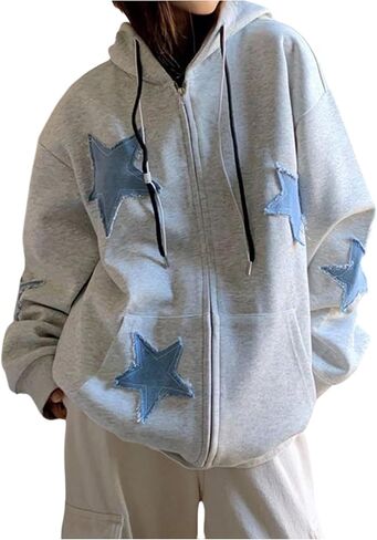 MakeMeChic Women's Star Print Hoodies Drawstring Long Sleeve Zip Up Fall Y2K Sweatshirt in Saudi Arabia