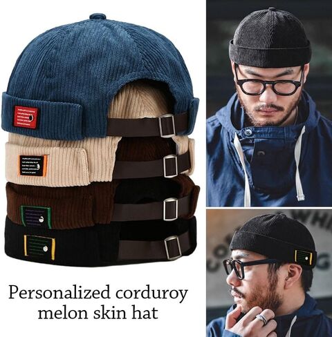 Docker Cap Street Wear Vintage Corduroy Skullcap Casual Brimless Beanie Hat Spring Autumn(Black) in Saudi Arabia