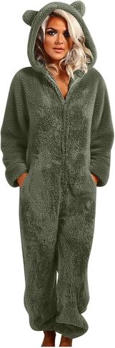 Women's Onesie Pajamas Sherpa Fleece One Piece Romper Zipper Cute Hooded Jumpsuit Pajama Loungewear with Pockets in Saudi Arabia